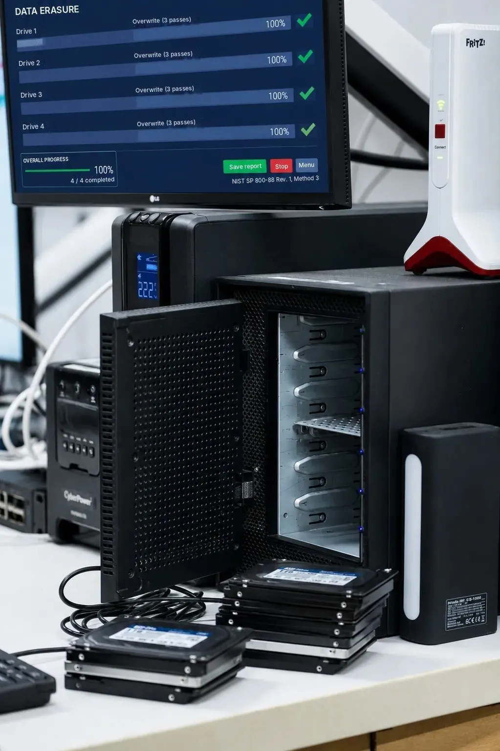 محطة مسح أقراص تعرض مسح أربعة أقراص وفق NIST SP 800-88